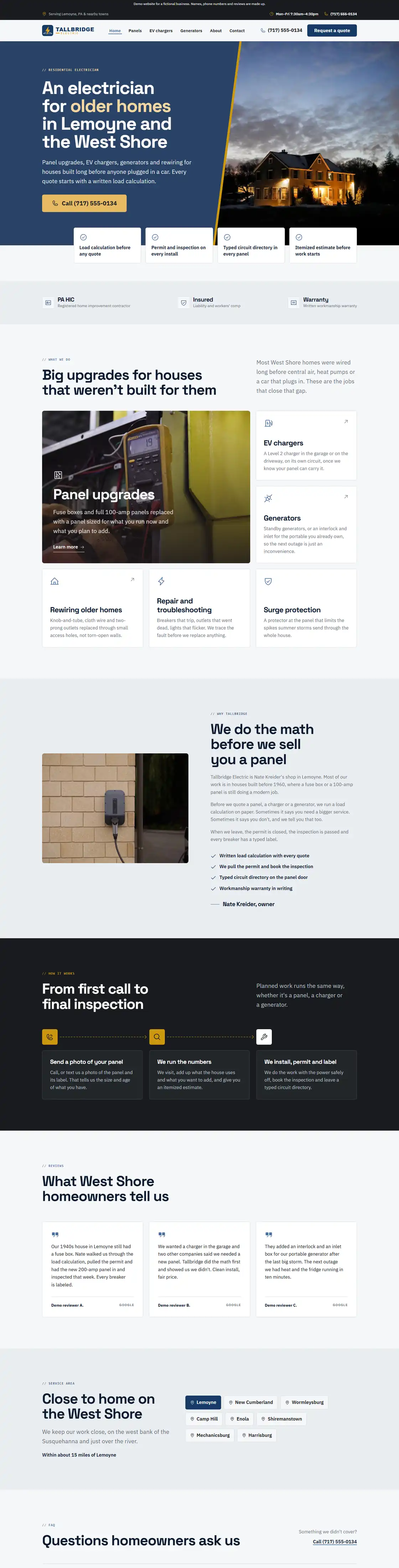 Sample electrician website in navy and white: call button, service highlights and a job checklist.