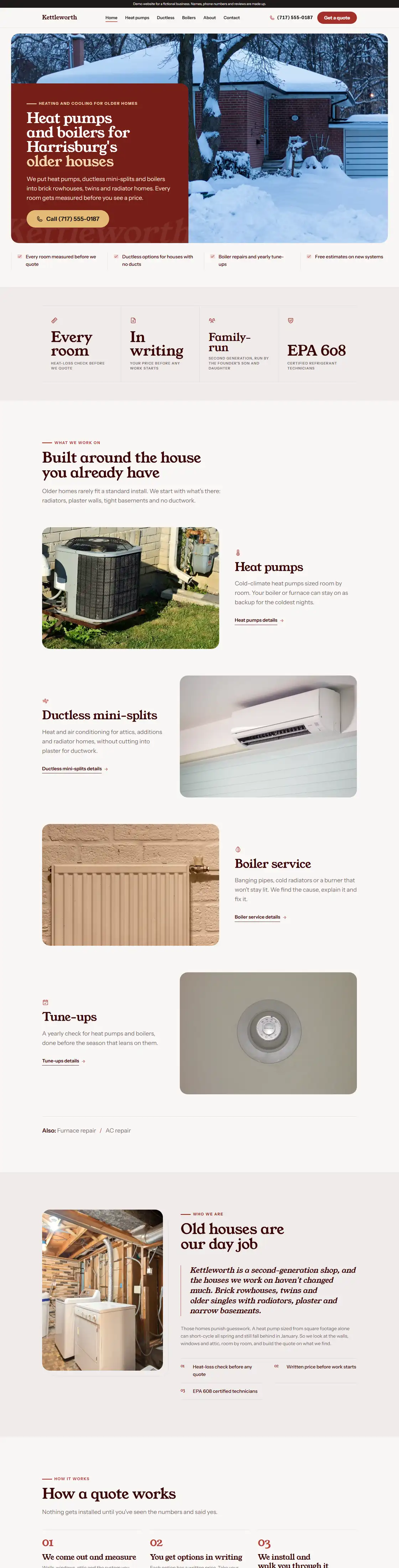 Sample HVAC website in red and cream: quote form, services and phone number up front.