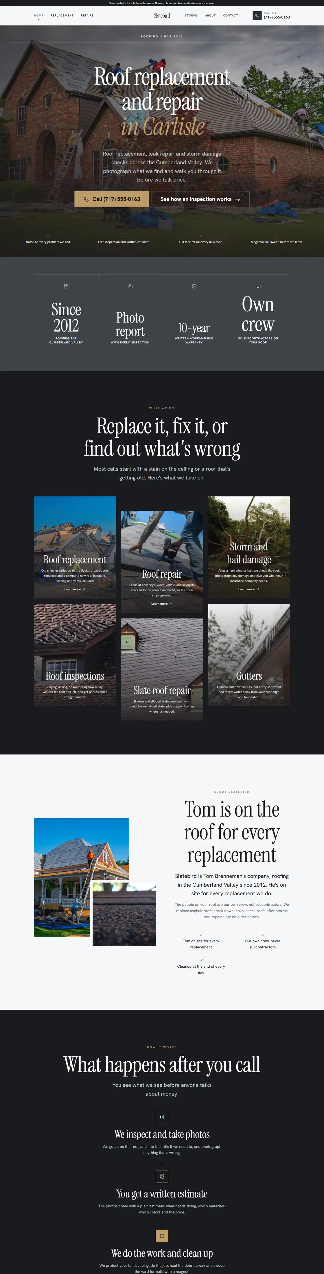 Sample roofing website in charcoal and gold: large photo, inspection offer and call button.